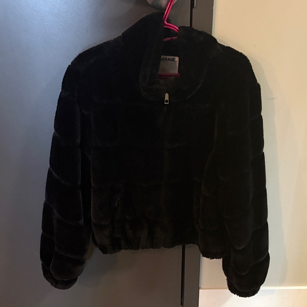 Garage Black Plush Faux-Fur Zip Jacket